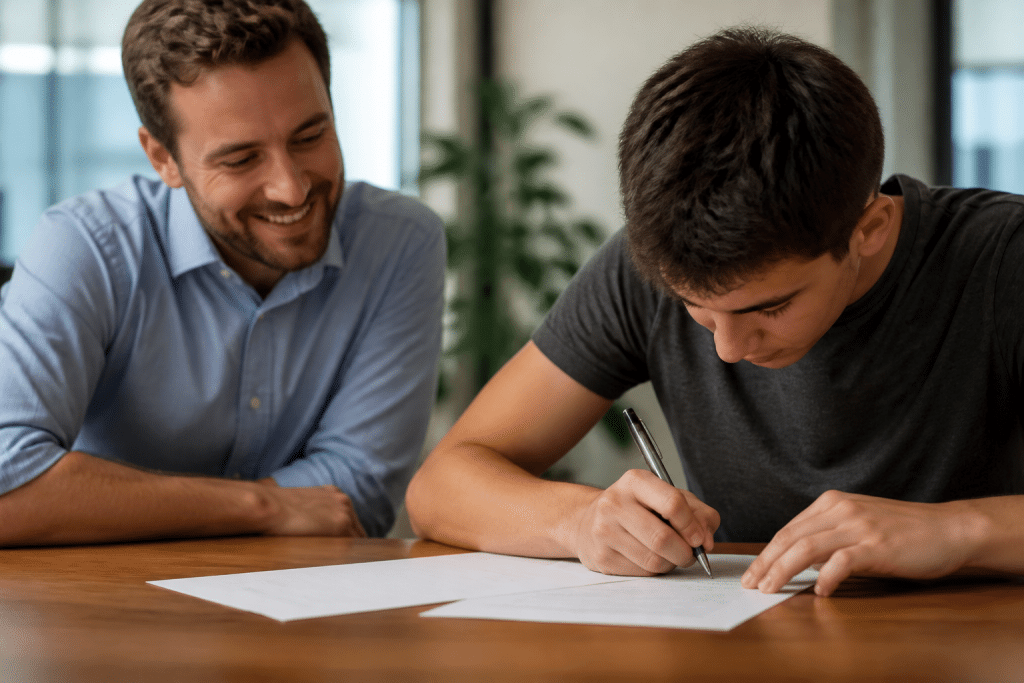 Adolescent signant des documents de travail avec employeur souriant