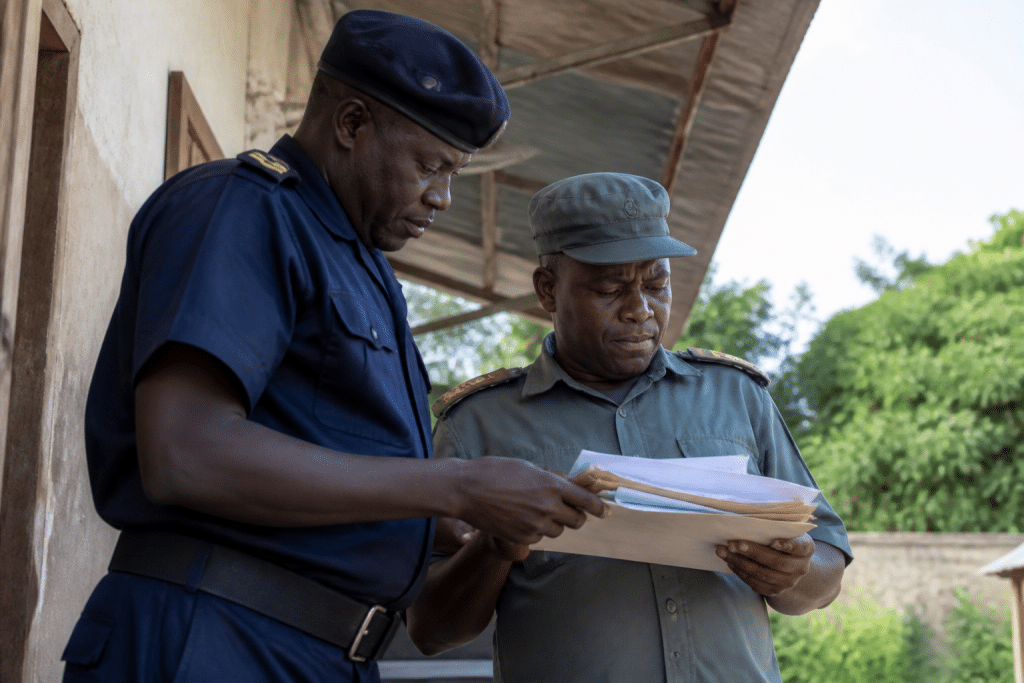 Agents publics en uniforme consultant documents administratifs officiels