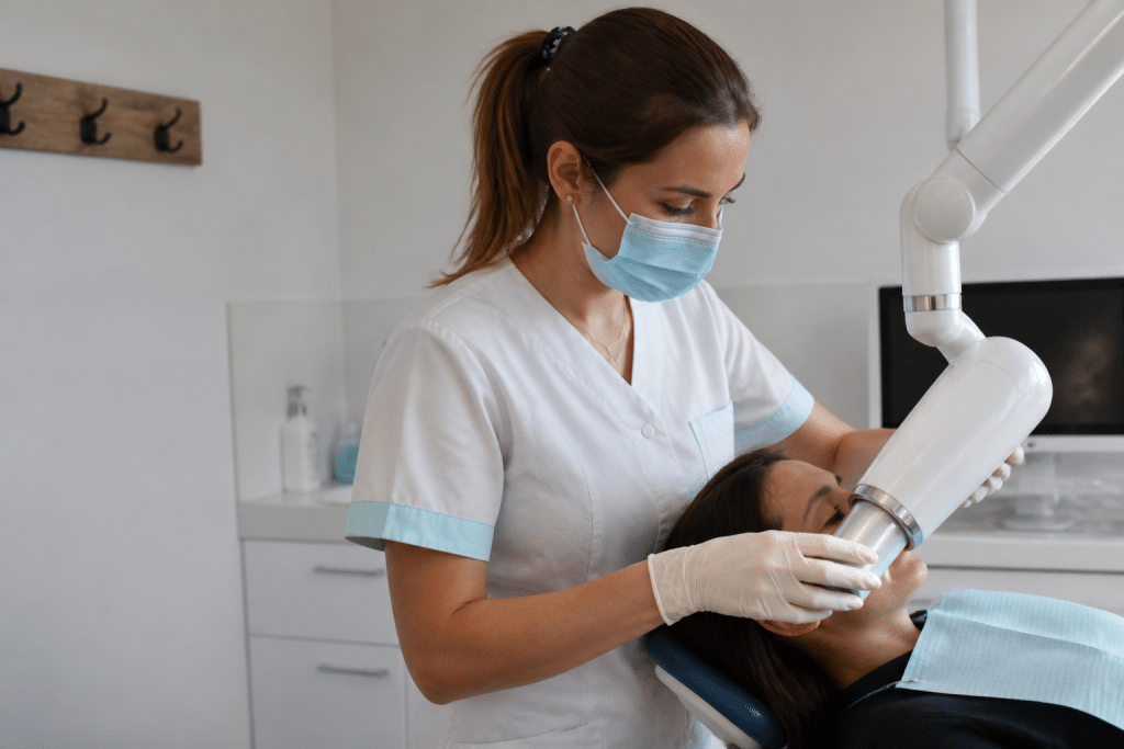 Assistante dentaire effectuant radiographie avec équipement technique dentaire