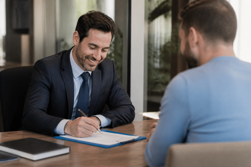 Banquier signant contrat immobilier avec client souriant