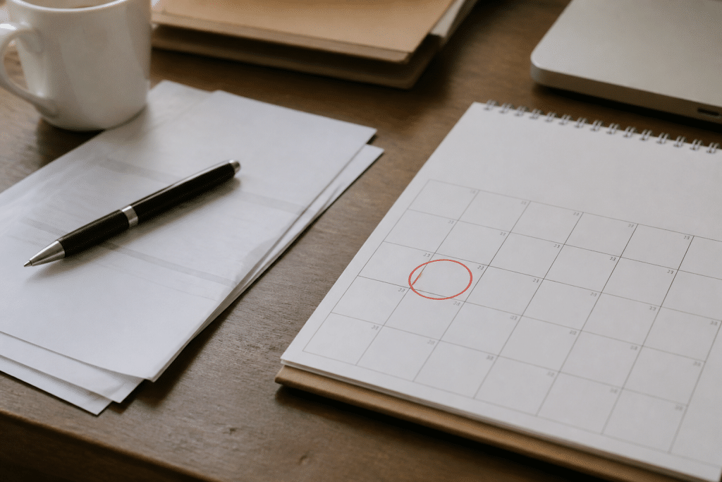 Calendrier avec date encerclée, documents de commande et stylo.