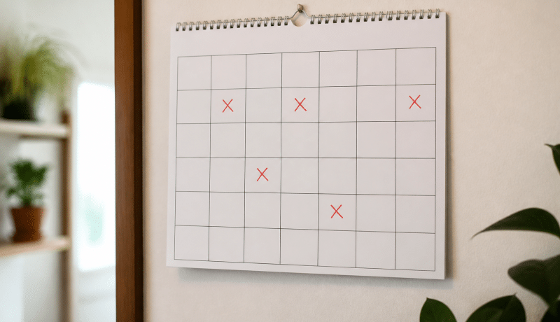 Calendrier mural affichant dates espacees avec marqueurs rouges.
