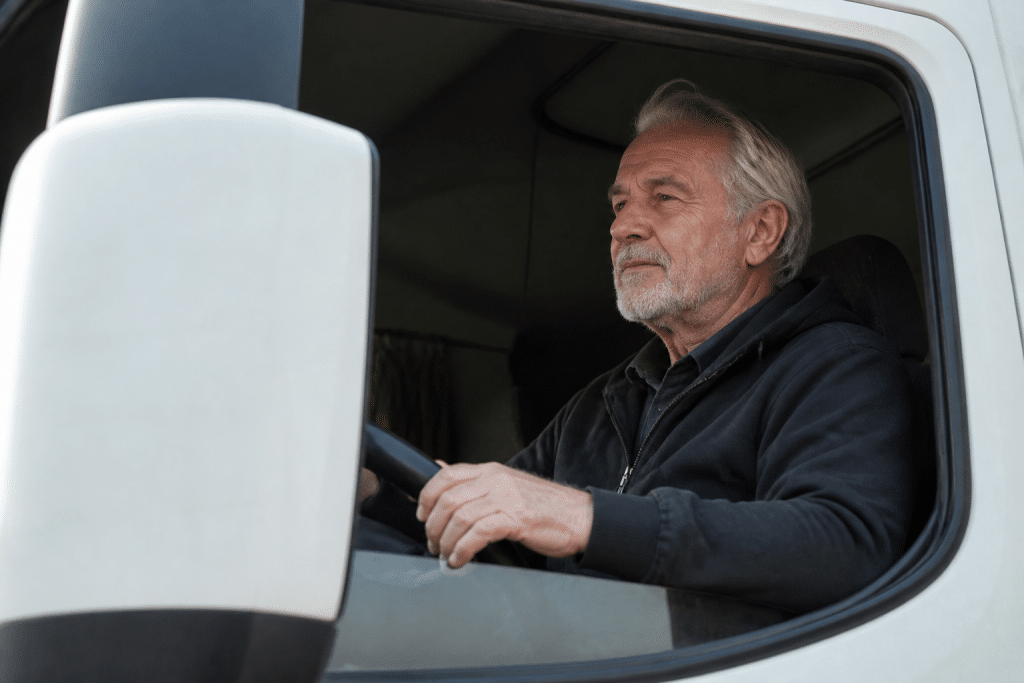 Conducteur senior au volant d'un camion routier