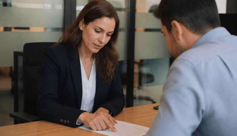Conseiller bancaire montrant document pret sur bureau