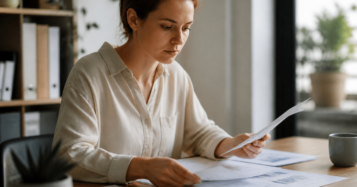Personne consultant documents financiers sur bureau organisé.