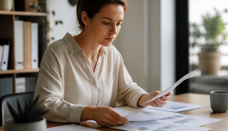 Personne consultant documents financiers sur bureau organisé.
