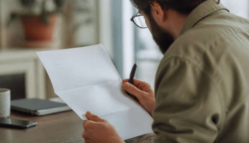 Document d'assurance avec stylo, mains consultant lisant attentivement.