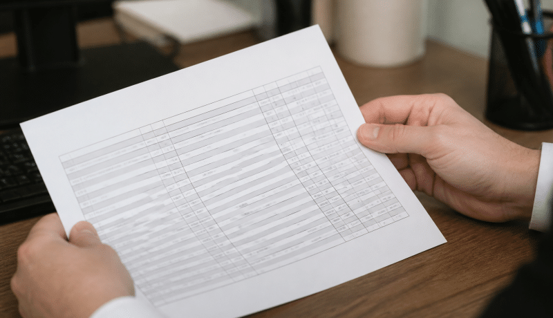 Document papier affichant tableau de salaires avec chiffres visibles.