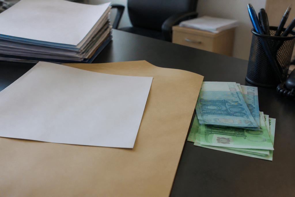 Documents administratifs et billets d'euros sur bureau professionnel.