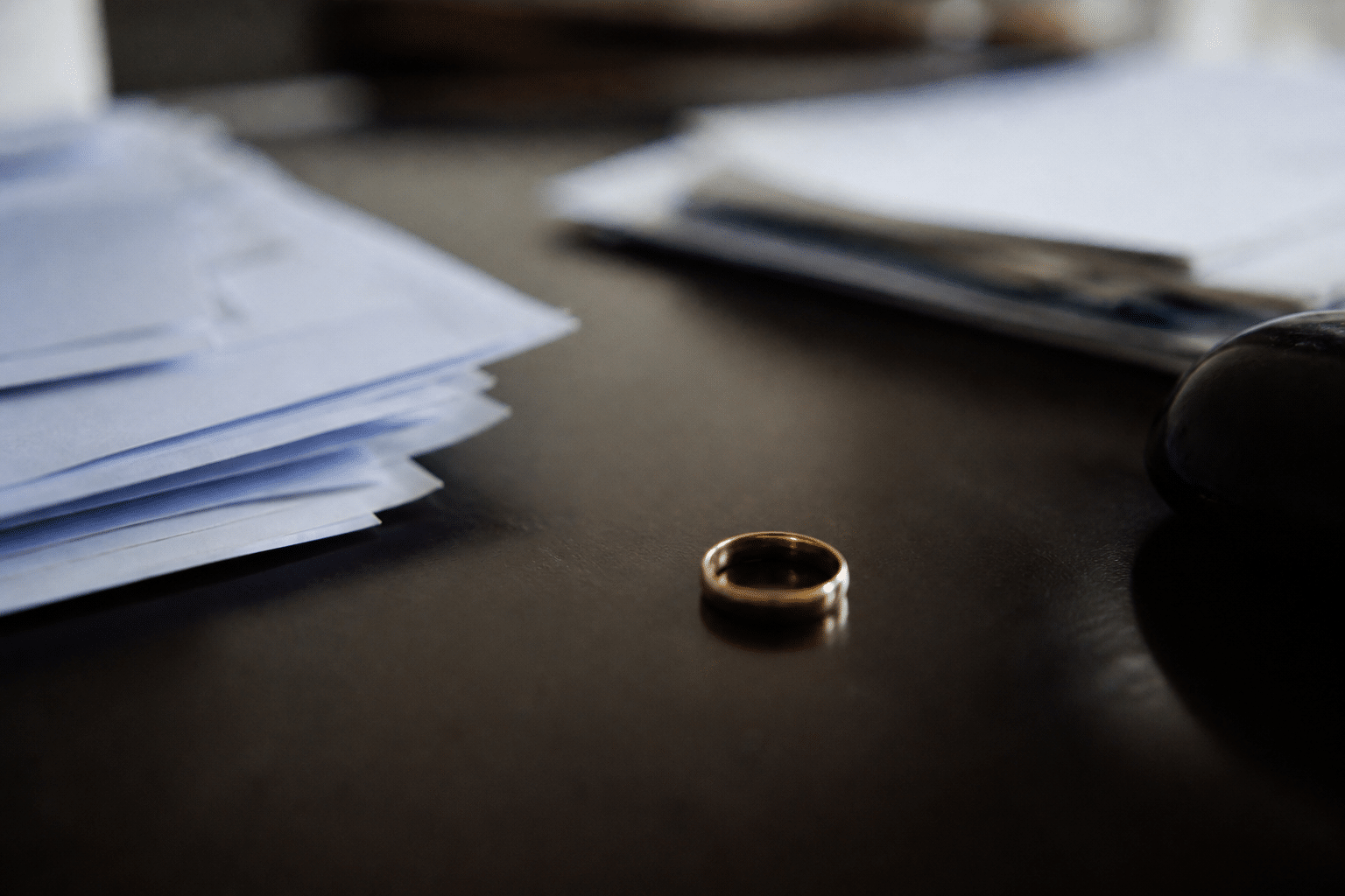 Documents financiers et anneau de mariage sur bureau sombre.