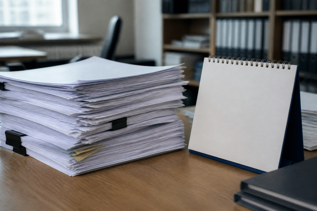 Documents legislatifs empiles avec calendrier affichant annee 2026