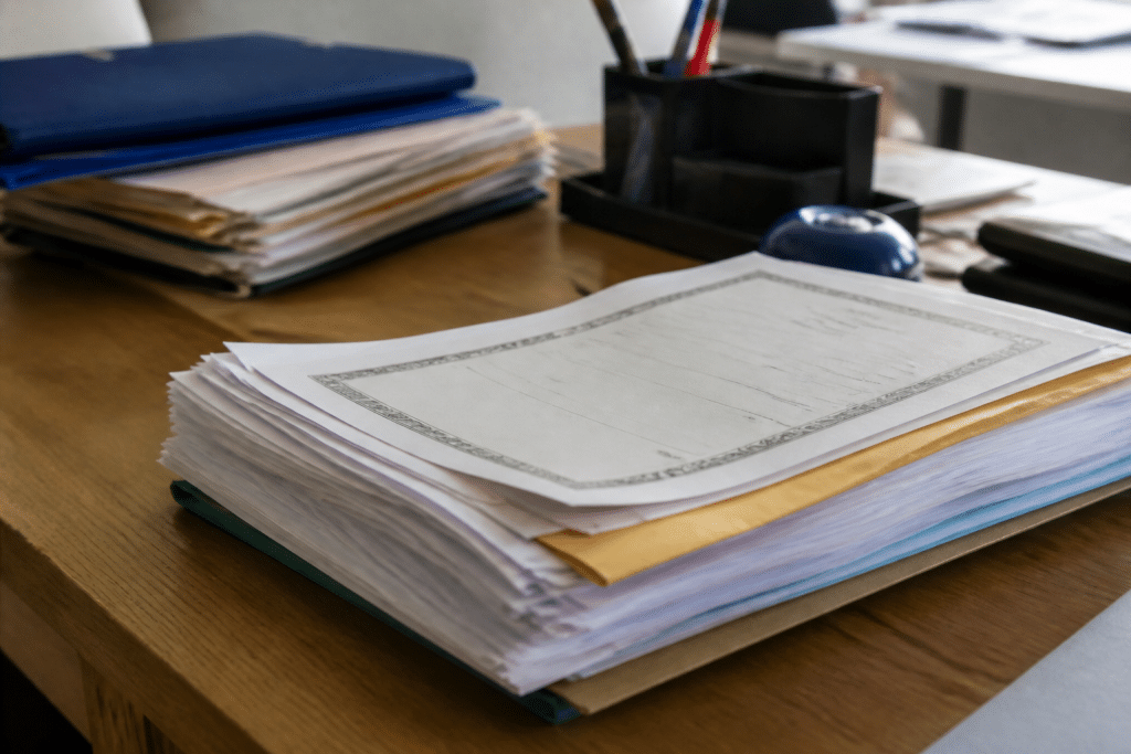 Documents officiels et acte de décès sur bureau administratif