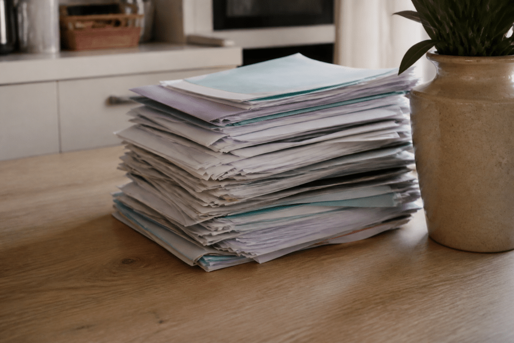 Dossier medical volumineux avec formulaires administratifs empiles.