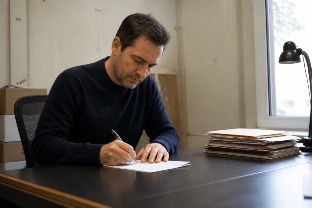 Entrepreneur signant documents administratifs fermeture entreprise bureau
