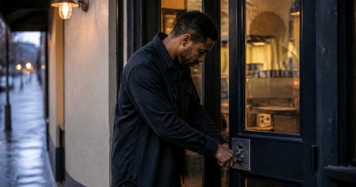 Entrepreneur fermant la porte de son commerce tôt matin.