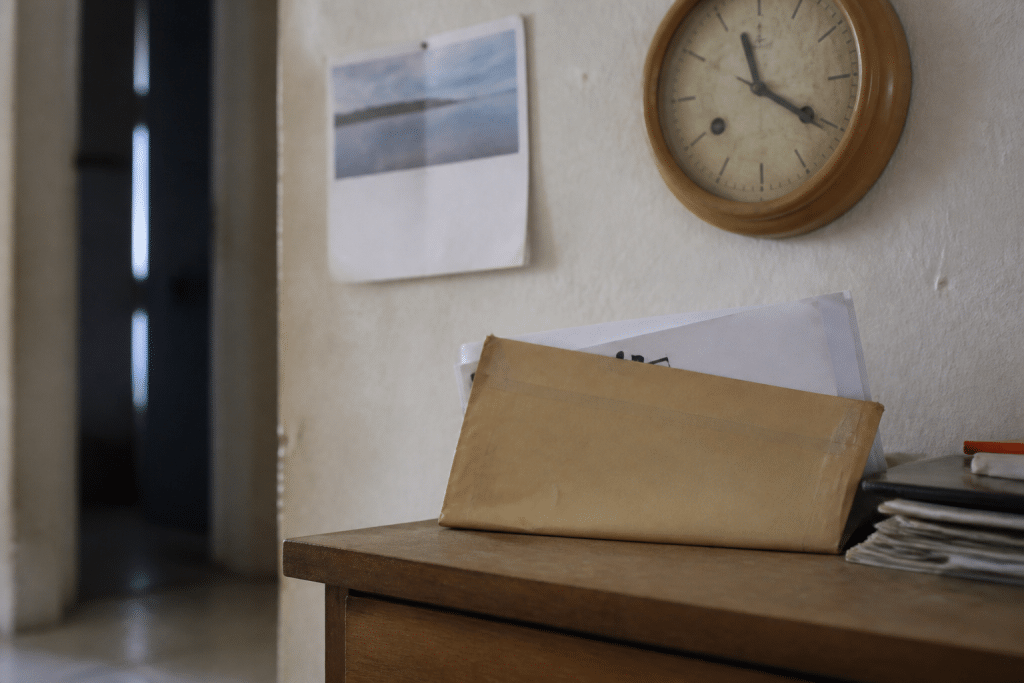 Enveloppe postale retardee avec calendrier et horloge murale