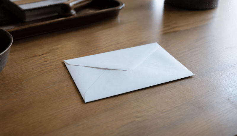 Enveloppe scellée posée sur bureau en bois.