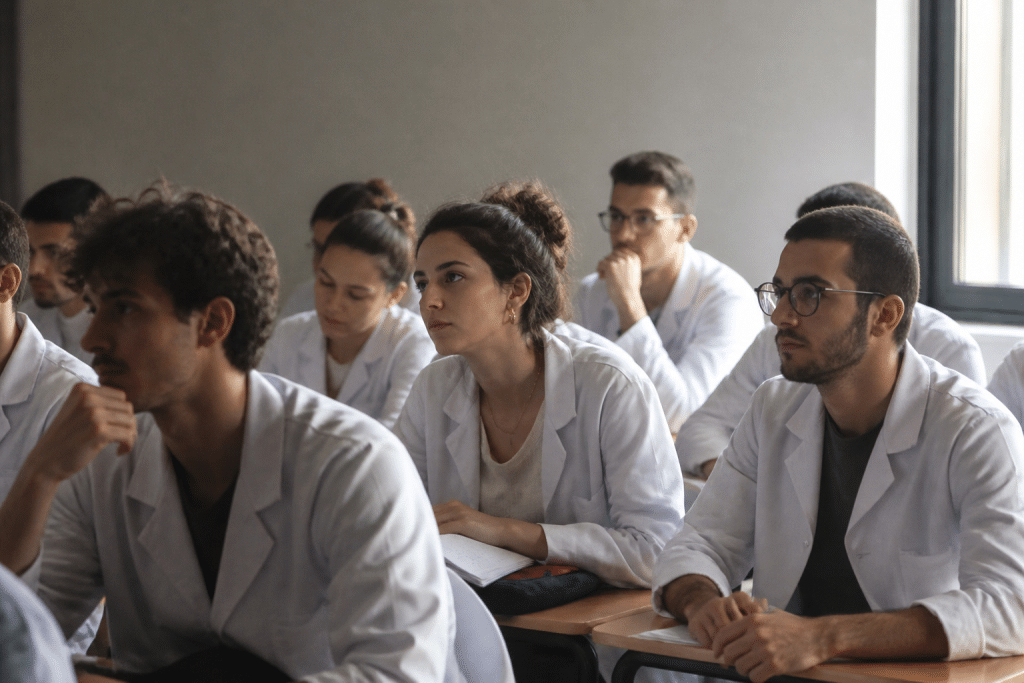 Etudiants en blouses blanches dans une salle de classe medicale.