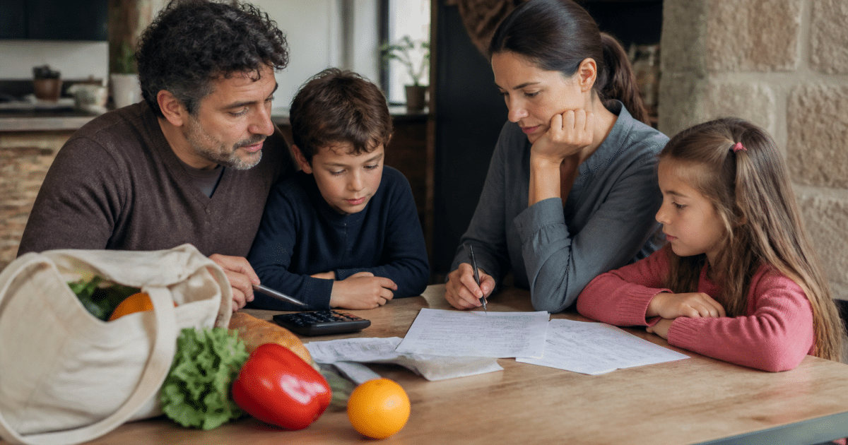 Famille de quatre personnes autour table budget courses