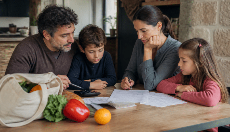 Famille de quatre personnes autour table budget courses