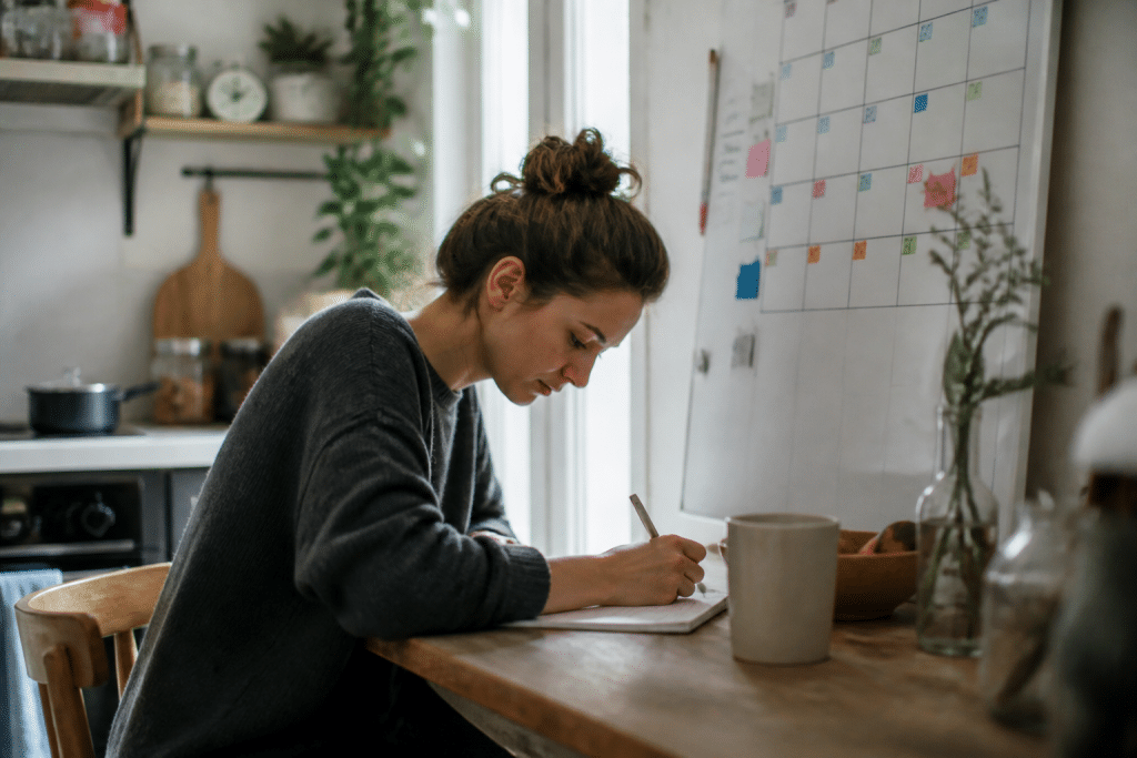 Femme ecrivant liste courses avec calendrier semaine affichee