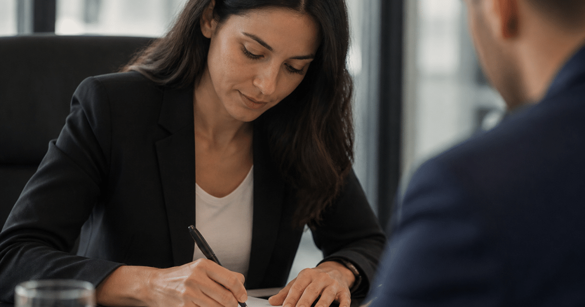 Femme signant contrat de travail avec stylo noir.