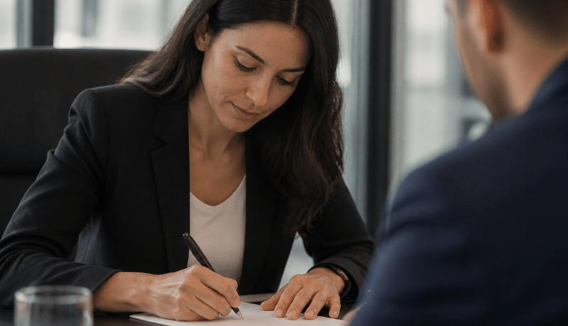 Femme signant contrat de travail avec stylo noir.