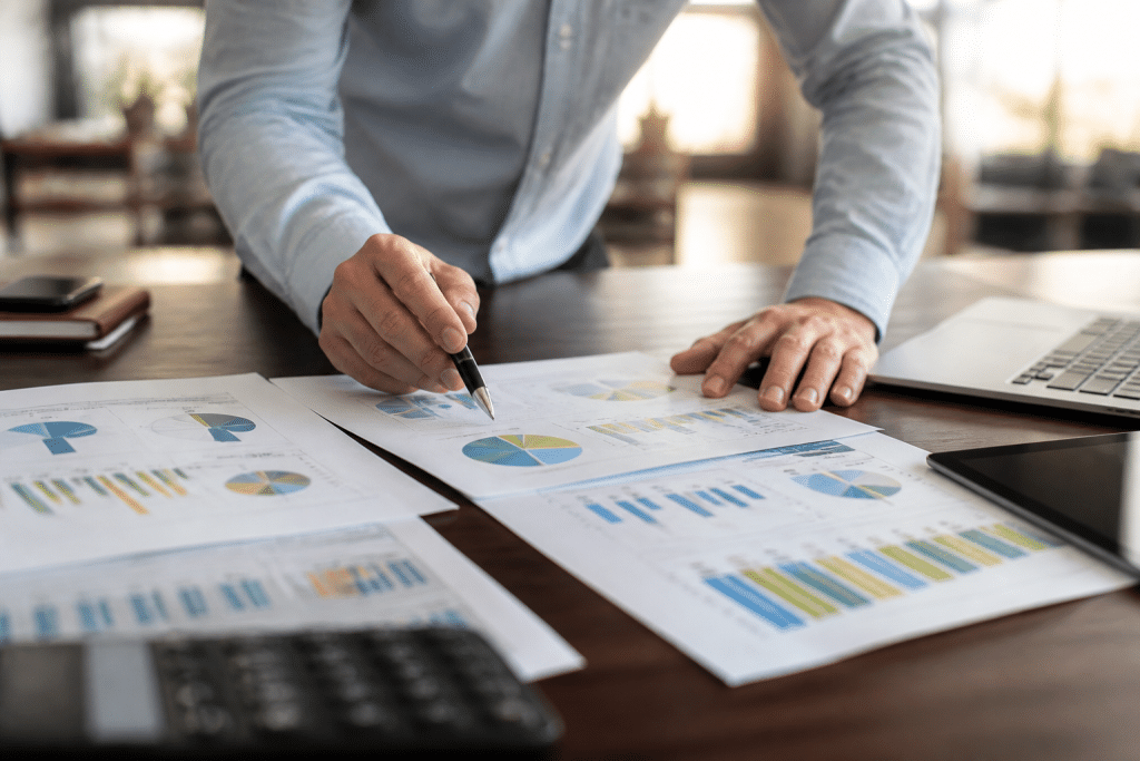 Graphiques et tableaux d'investissement sur bureau professionnel