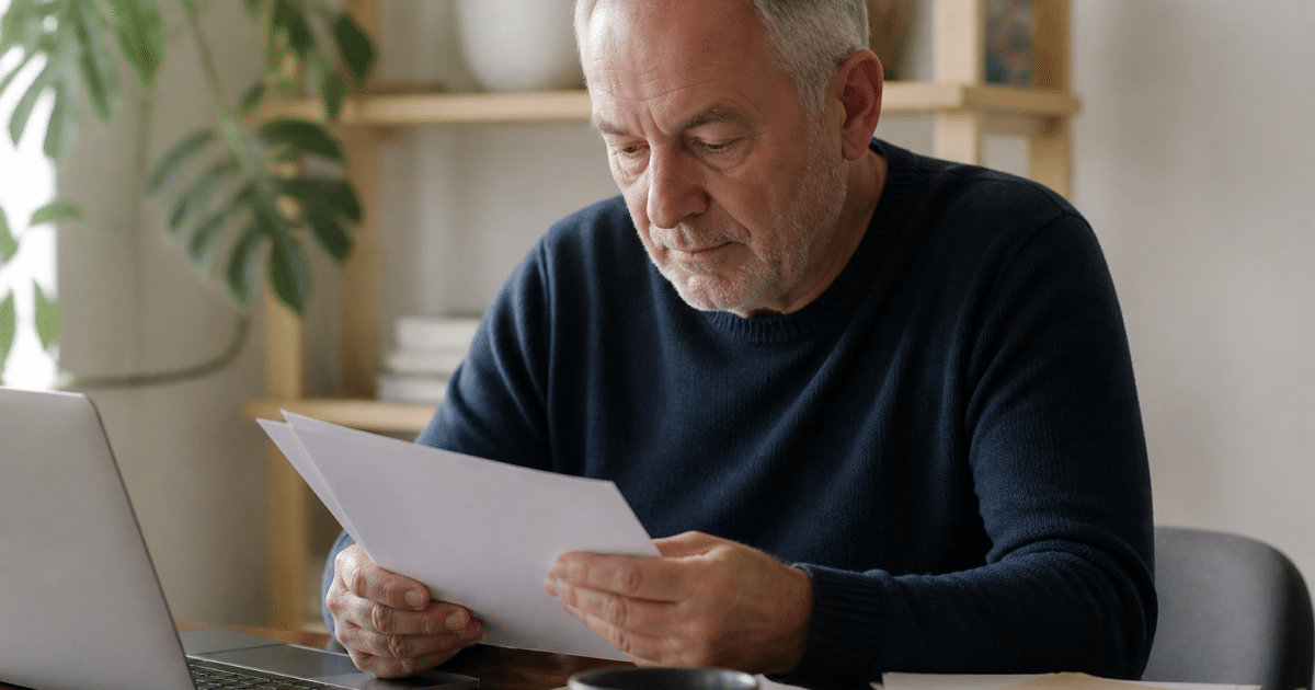 Homme age assis a bureau consultant documents emploi