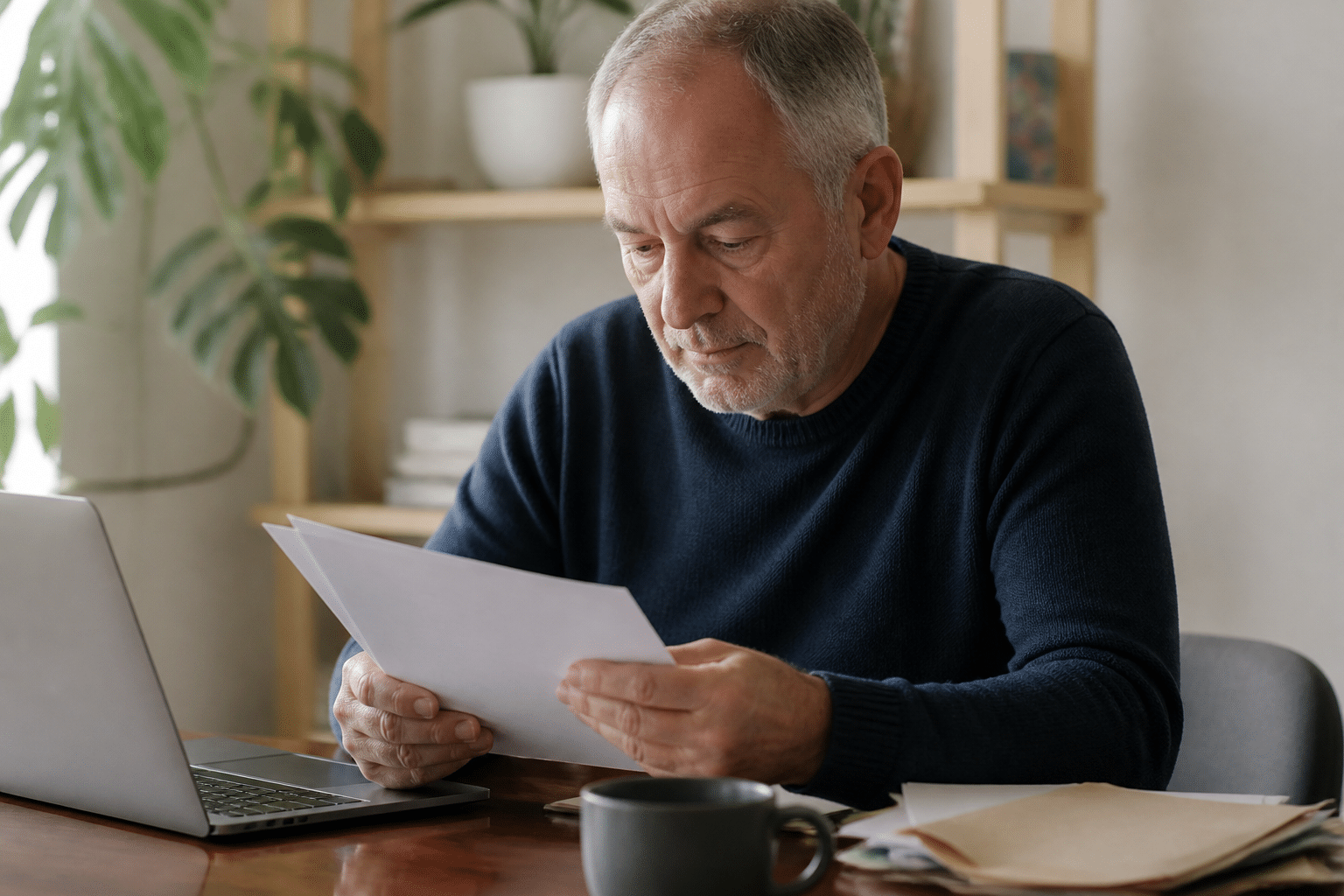 Homme age assis a bureau consultant documents emploi