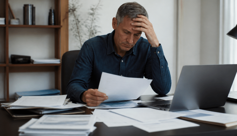Homme assis à son bureau, documents financiers éparpillés devant lui.