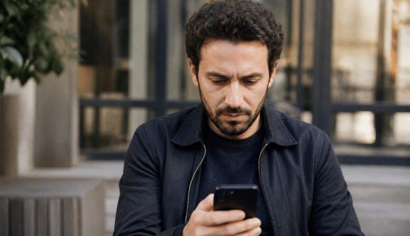 Homme consultant smartphone affichant interface reseau professionnel.