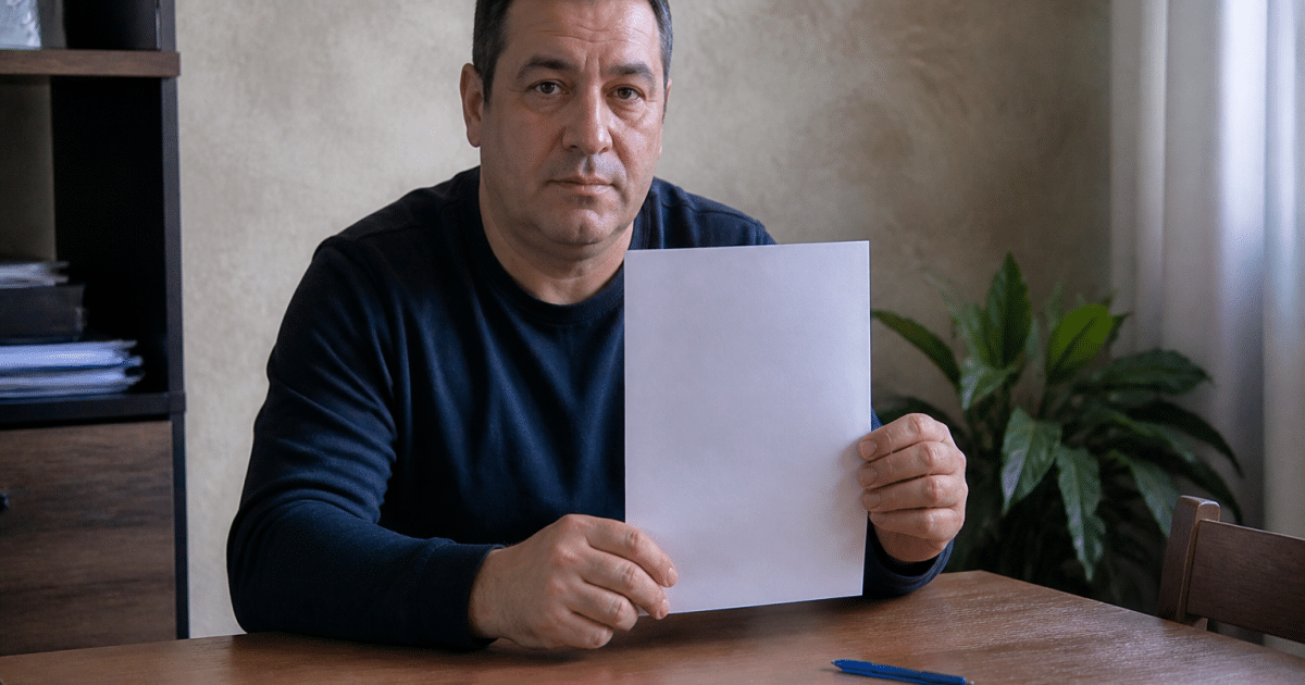 Homme tenant document signé avec stylo bleu à côté