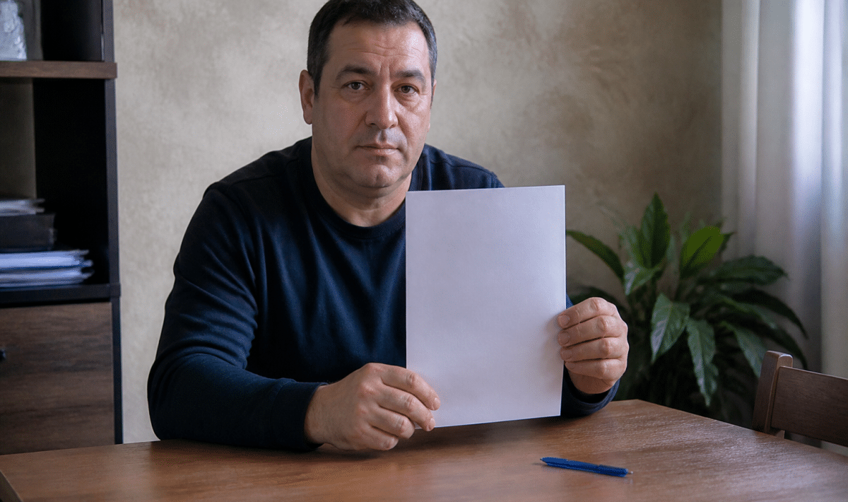 Homme tenant document signé avec stylo bleu à côté