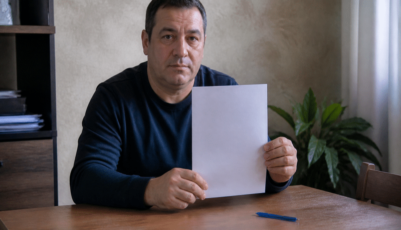 Homme tenant document signé avec stylo bleu à côté