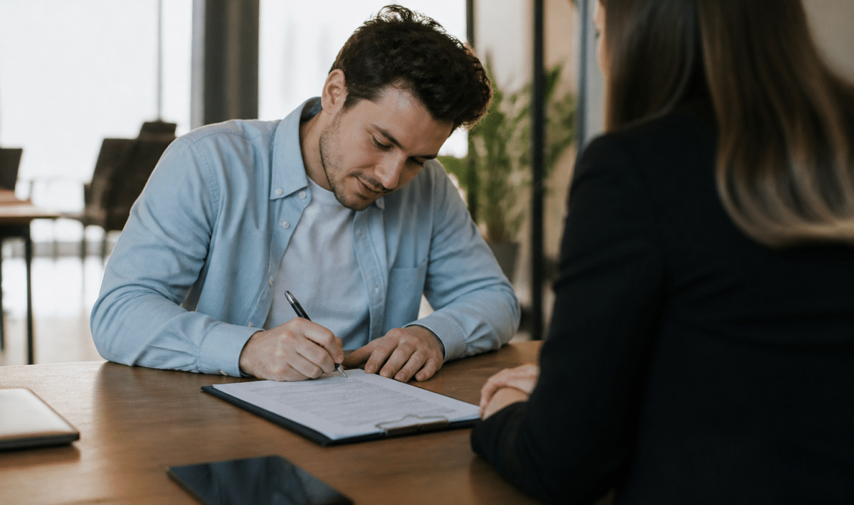 Homme signe contrat CDI assis bureau face employeur
