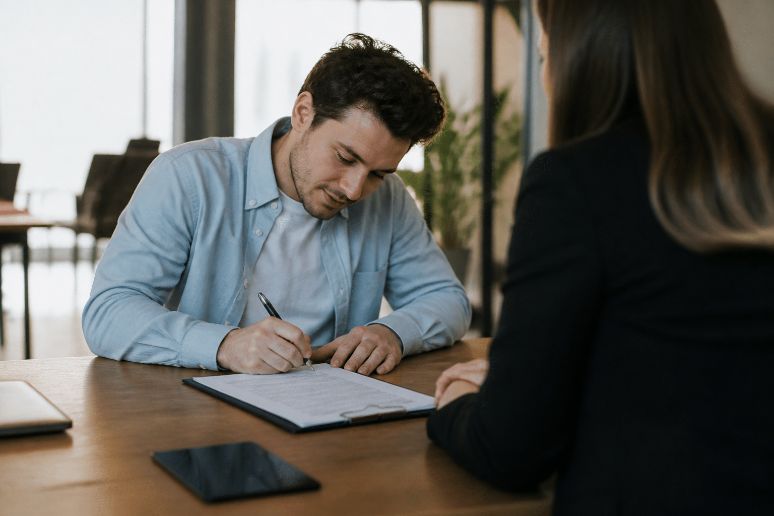 Homme signe contrat CDI assis bureau face employeur