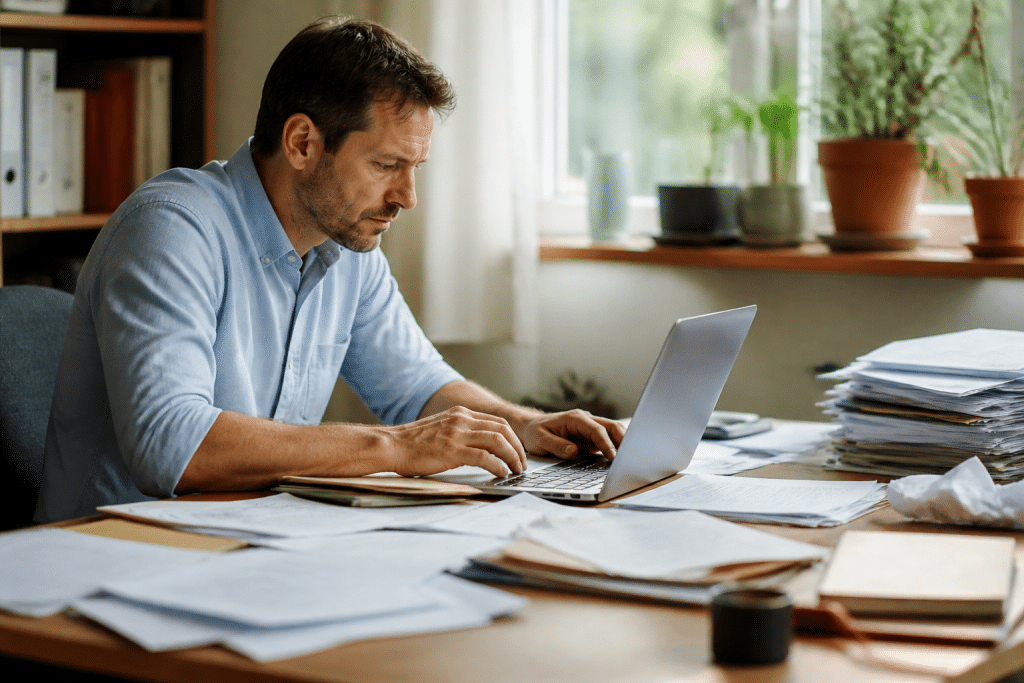 Homme travaillant sur ordinateur, documents officiels eparpilles.
