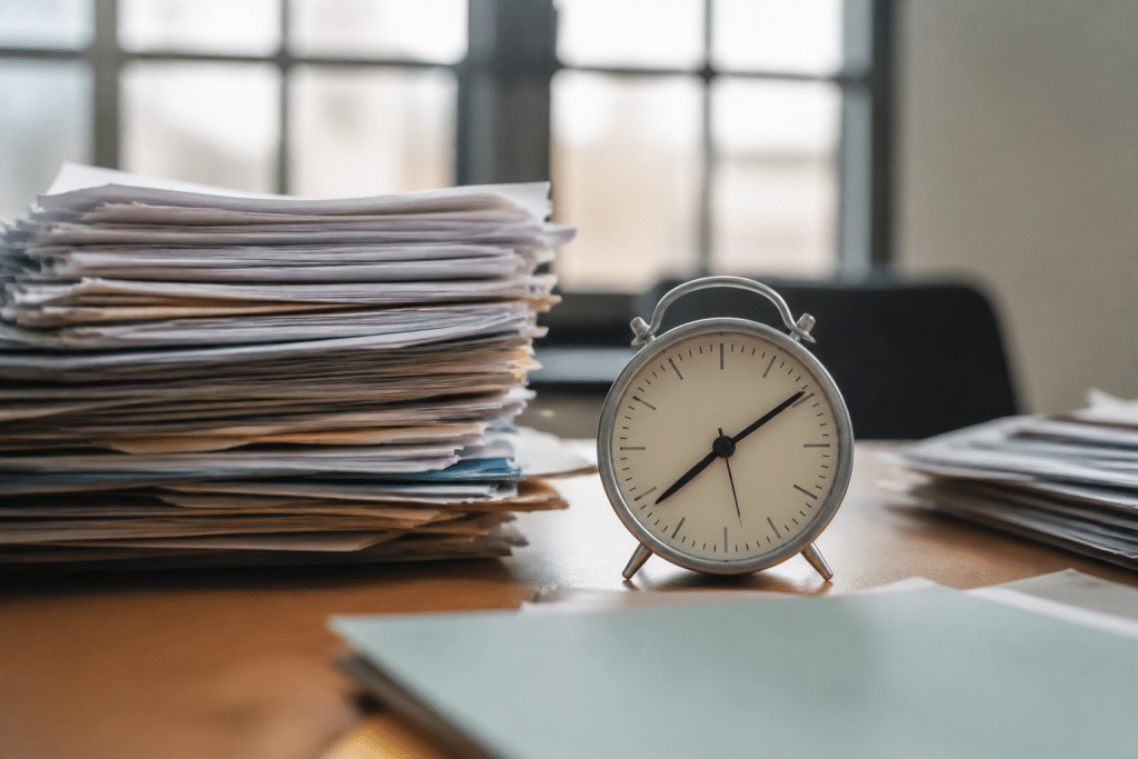Horloge et documents officiels illustrant des delais administratifs.