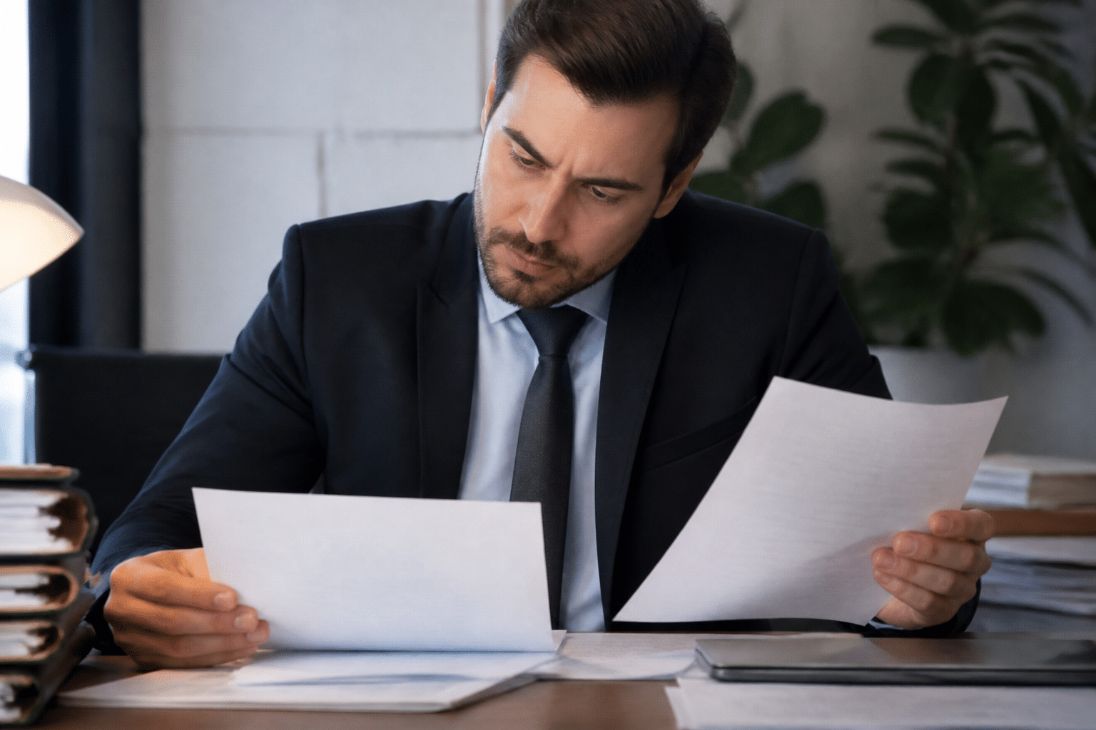 Huissier en costume examinant des documents financiers sur bureau.