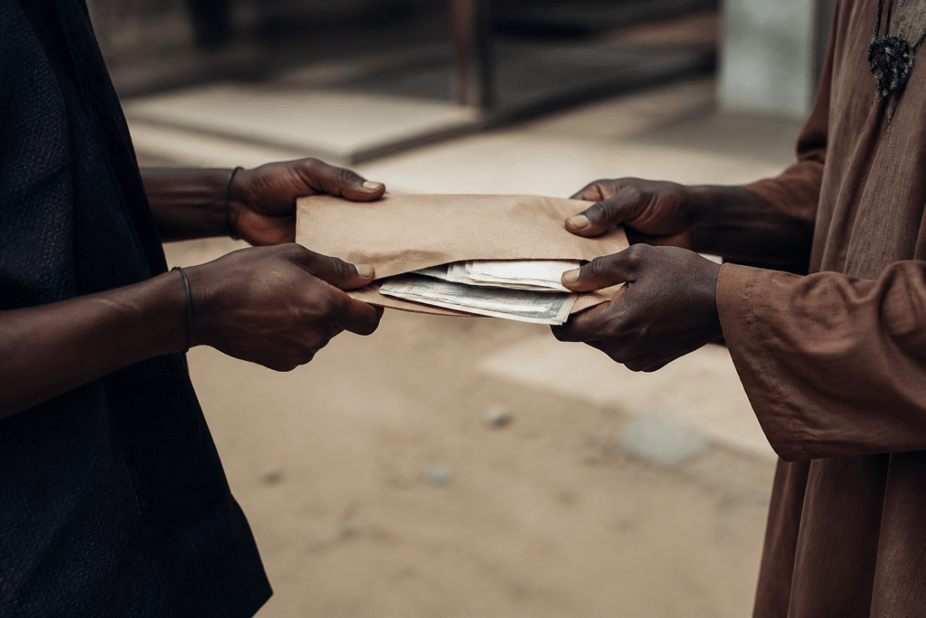 Mains echangeant enveloppe avec billets et documents officiels
