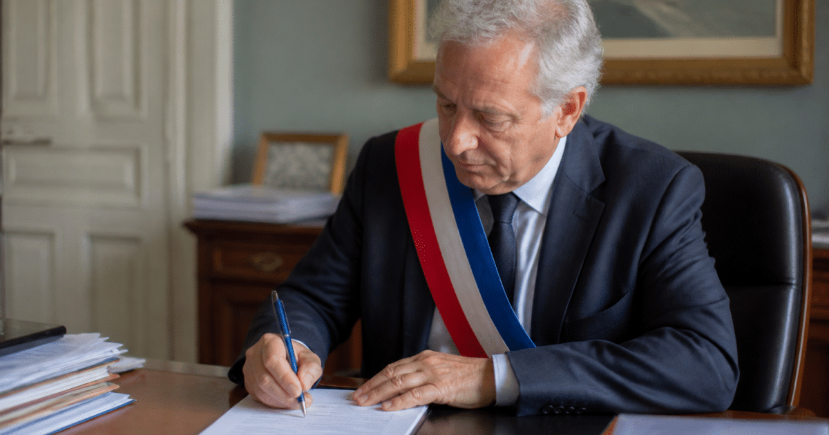 Maire assis a son bureau signant un document officiel
