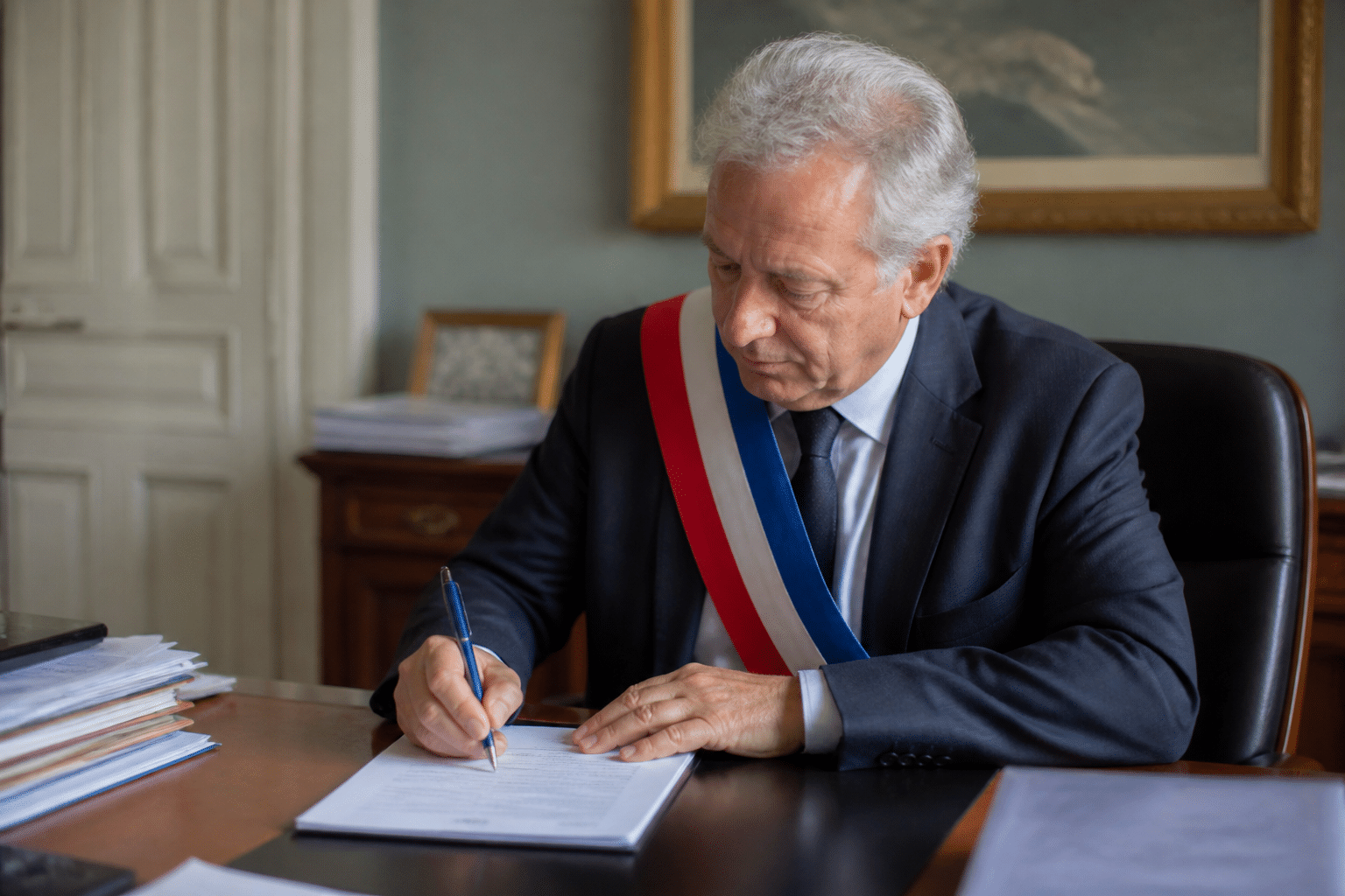 Maire assis a son bureau signant un document officiel