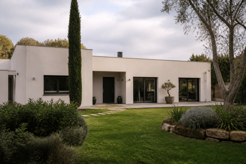 Maison moderne etage unique avec facade claire et jardin paysage.
