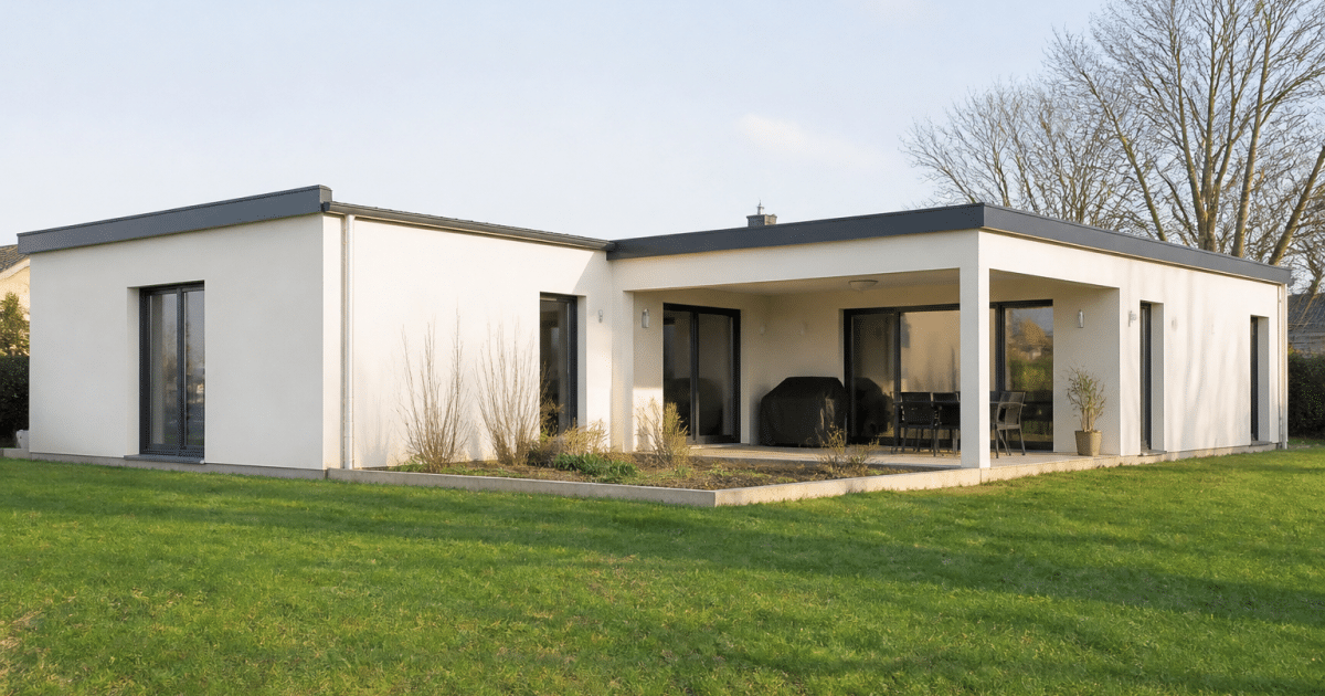 Maison moderne basse avec facade claire et terrain plat.