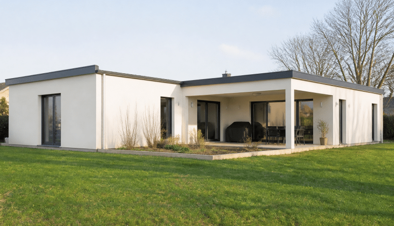 Maison moderne basse avec facade claire et terrain plat.