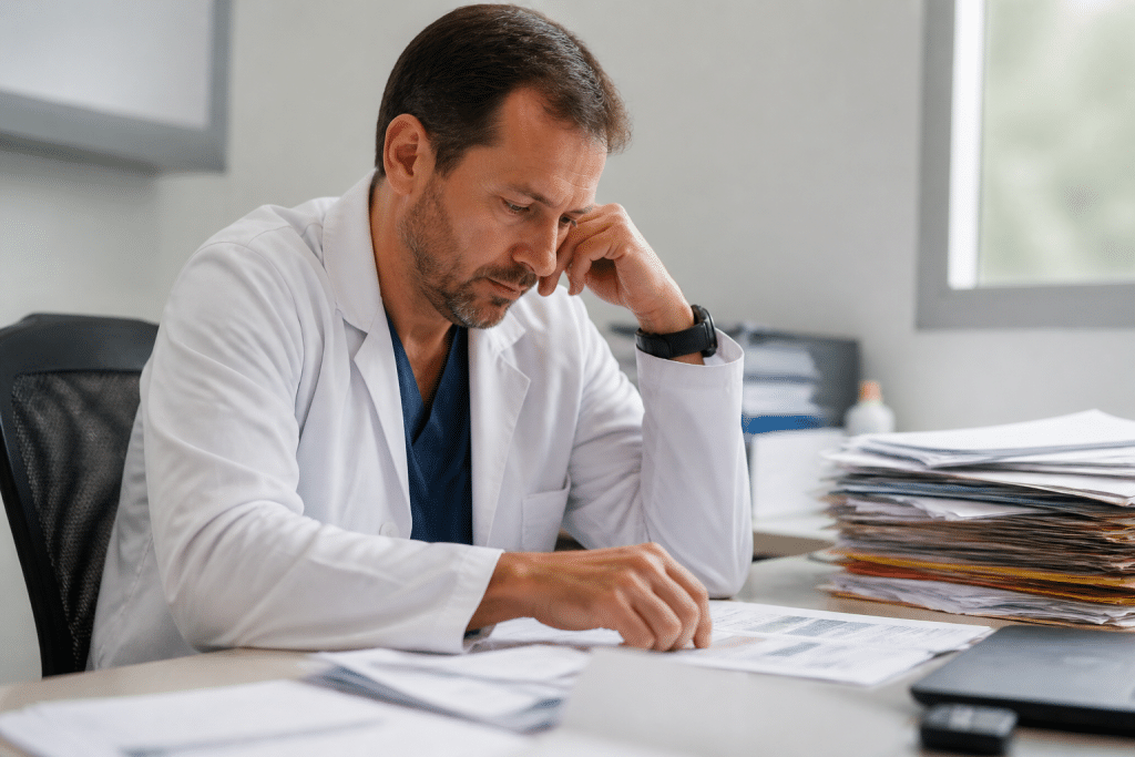 Medecin consultant des documents financiers sur bureau hospitalier