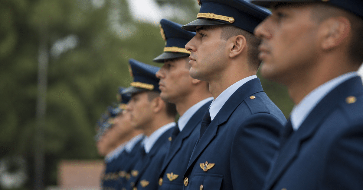 Officiers en uniforme bleu formant rangée militaire stricte.