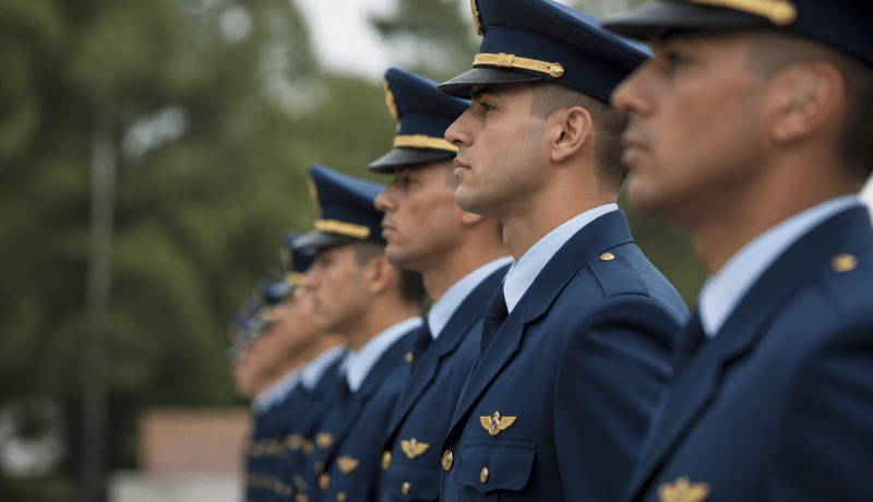 Officiers en uniforme bleu formant rangée militaire stricte.