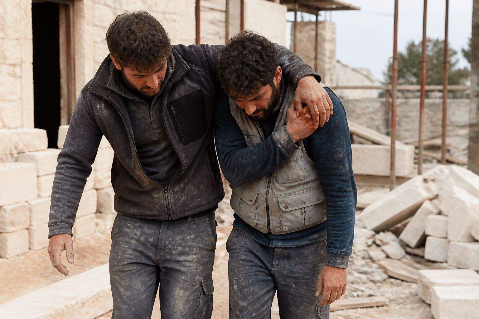 Ouvrier blesse soutenu par collegue sur chantier